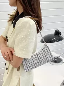 Plaid Pattern Bag Handbag,Shoulder Bag Minimalist,Casual Lightweight,Portable For Women, Rookies & White-Collar Workers,For Teacher Gifts,For Girl,For Woman Gift Bag,Work ,Business,Commute,Shopping - Black and White - View 7