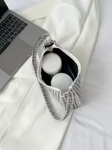 Plaid Pattern Bag Handbag,Shoulder Bag Minimalist,Casual Lightweight,Portable For Women, Rookies & White-Collar Workers,For Teacher Gifts,For Girl,For Woman Gift Bag,Work ,Business,Commute,Shopping - Black and White - View 4