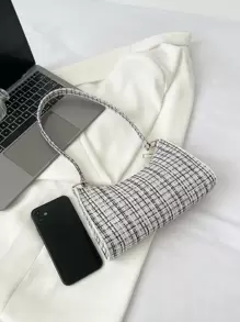 Plaid Pattern Bag Handbag,Shoulder Bag Minimalist,Casual Lightweight,Portable For Women, Rookies & White-Collar Workers,For Teacher Gifts,For Girl,For Woman Gift Bag,Work ,Business,Commute,Shopping - Black and White - View 5