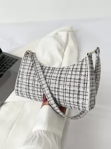 Plaid Pattern Bag Handbag,Shoulder Bag Minimalist,Casual Lightweight,Portable For Women, Rookies & White-Collar Workers,For Teacher Gifts,For Girl,For Woman Gift Bag,Work ,Business,Commute,Shopping - Black and White - View 2