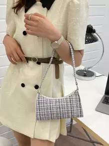 Plaid Pattern Bag Handbag,Shoulder Bag Minimalist,Casual Lightweight,Portable For Women, Rookies & White-Collar Workers,For Teacher Gifts,For Girl,For Woman Gift Bag,Work ,Business,Commute,Shopping - Black and White - View 6