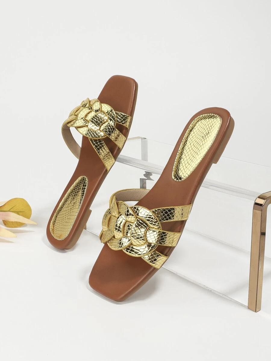 女士金色平底涼鞋時尚晚會華麗平底鞋 - 金色 - 查看 1