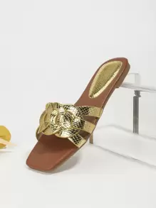 女士金色平底涼鞋時尚晚會華麗平底鞋 - 金色 - 查看 4