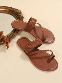 Casual Outdoors Thong Sandals For Women, Braided Detail Plain Artificial Leather Toe Post Flat Sandals