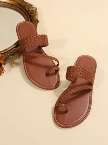 Casual Outdoors Thong Sandals For Women, Braided Detail Plain Artificial Leather Toe Post Flat Sandals