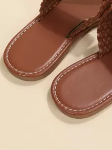 Casual Outdoors Thong Sandals For Women, Braided Detail Plain Artificial Leather Toe Post Flat Sandals