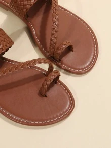 Casual Outdoors Thong Sandals For Women, Braided Detail Plain Artificial Leather Toe Post Flat Sandals