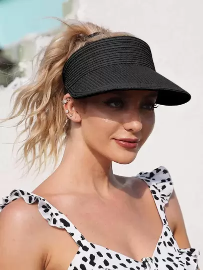 1 件女士草编遮阳帽，可折叠宽边卷起式沙滩马尾帽，防晒拉菲草草帽，高尔夫帽