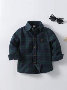 SHEIN 小男童格紋印花口袋貼布襯衫