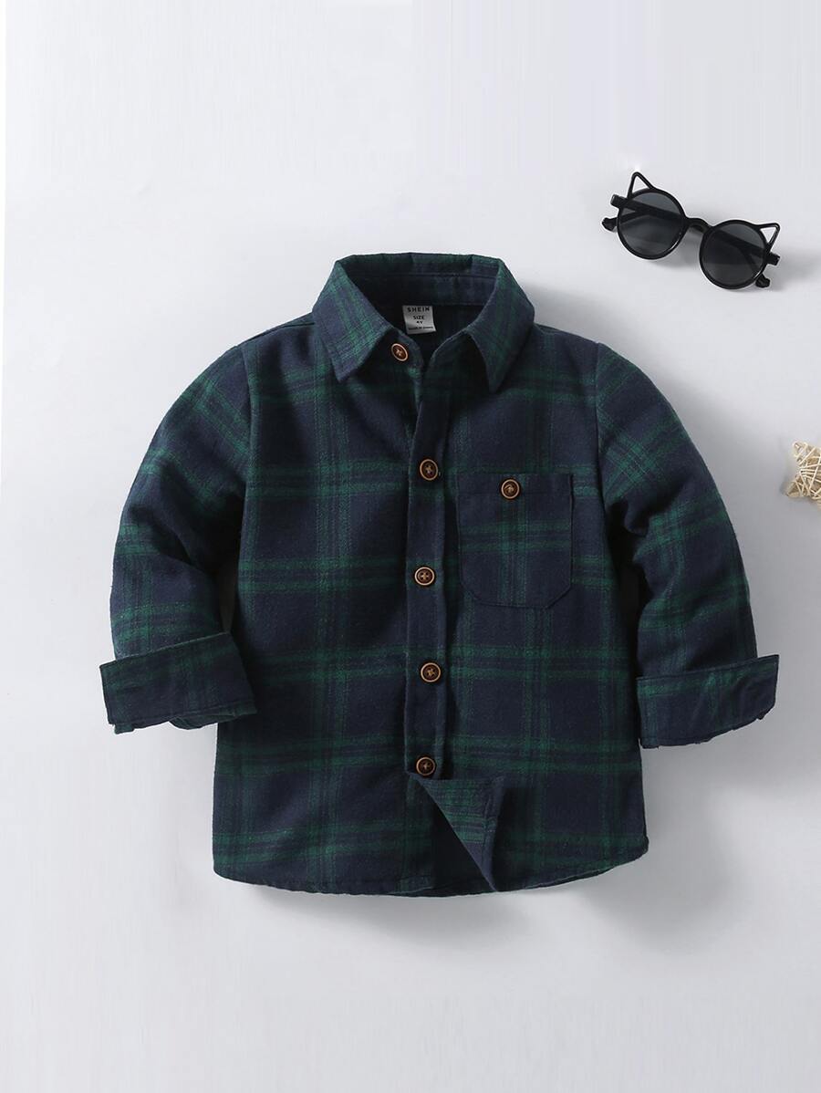 SHEIN 小男童格紋印花口袋貼布襯衫