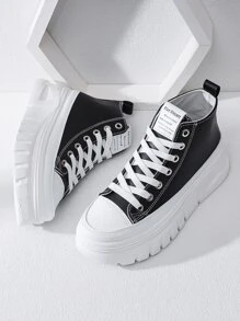 Alan Vincent New Arrival Women's Thick Bottom Height Increasing Casual Sports Shoes, High-top Flat Shoes With Lace-up Closure, Pu Leather, College Style Student Shoes - Black - View 2