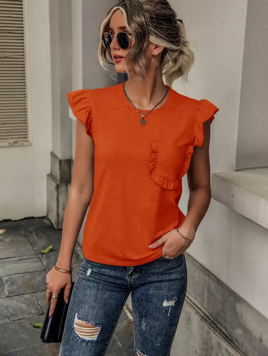 SHEIN LUNE Ruffle Trim Pocket Patched Tee - Orange - View 1
