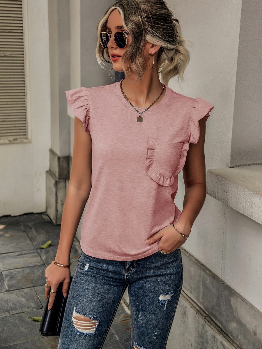 SHEIN LUNE Ruffle Trim Pocket Patched Tee - Pink - View 1