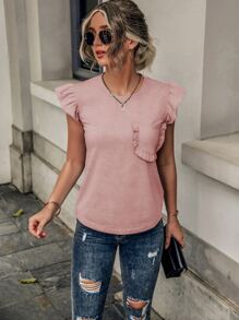 SHEIN LUNE Camiseta ribete con fruncido con parche de bolsillo - Rosa - Ver 3