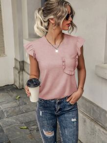 SHEIN LUNE Camiseta ribete con fruncido con parche de bolsillo - Rosa - Ver 4