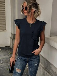 SHEIN LUNE 荷葉邊口袋貼布T恤 - 藏蓝色 - 查看 1