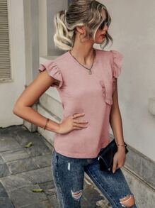 SHEIN LUNE Camiseta ribete con fruncido con parche de bolsillo - Rosa - Ver 5