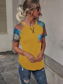 SHEIN LUNE 撞色插肩袖補丁貼口袋T恤 - 芥末黃 - 查看 3