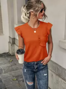SHEIN LUNE Camiseta ribete con fruncido con parche de bolsillo - Naranja - Ver 5