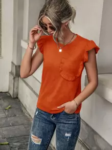 SHEIN LUNE Camiseta ribete con fruncido con parche de bolsillo - Naranja - Ver 6