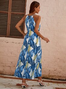 SHEIN VCAY Tropical Print Tie Front Halter Dress - Multicolor - View 2