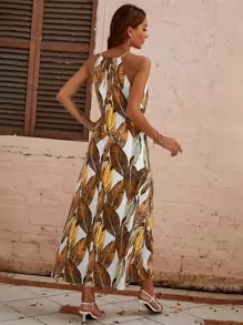 SHEIN VCAY Tropical Print Tie Front Halter Dress - Multicolor - View 2