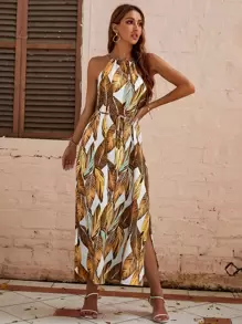 SHEIN VCAY Tropical Print Tie Front Halter Dress - Multicolor - View 3