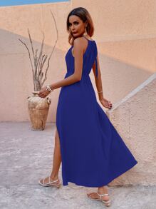 Split Thigh Halter Dress - Royal Blue - View 2