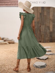 Breezaya Vestido largo con mangas de mariposa y dobladillo con volantes para vacaciones y playa para mujeres - Verde militar - Ver 2