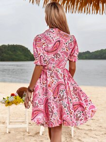 佩斯利印花泡泡袖腰帶襯衫洋裝