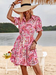 佩斯利印花泡泡袖腰帶襯衫洋裝