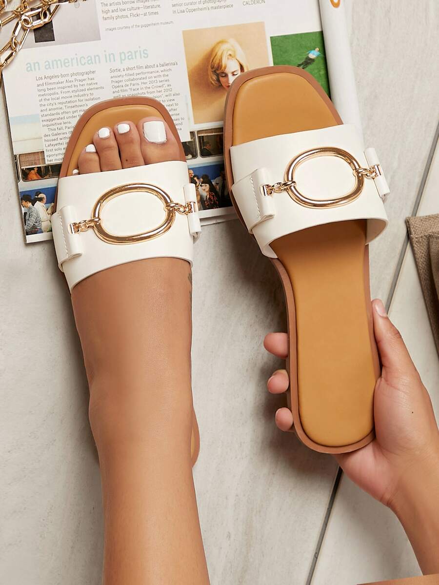 Sandalias planas de punta cuadrada de metal - Blanco - Ver 1