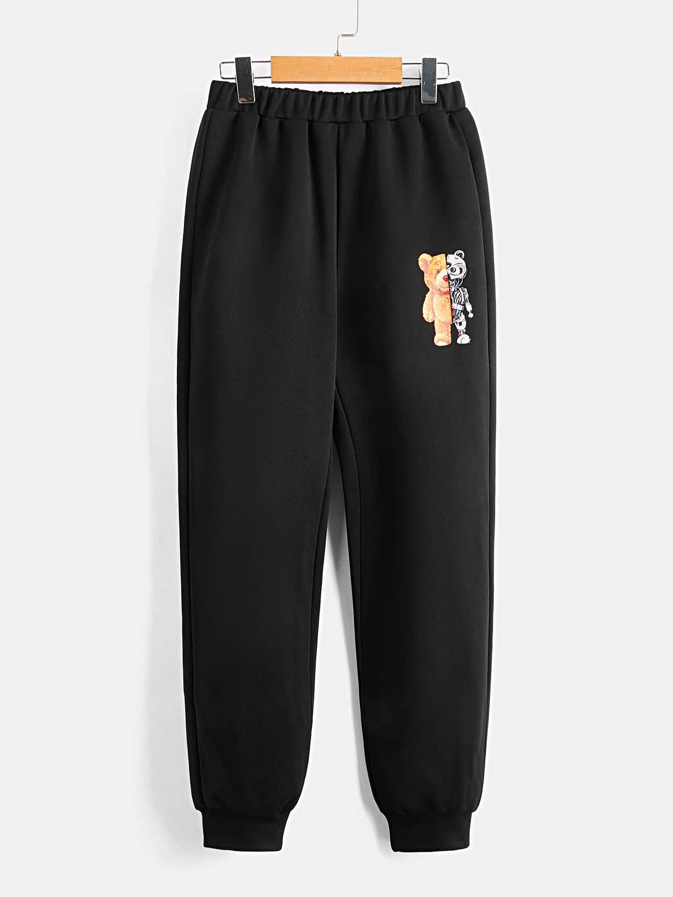 SHEIN 青少年男孩熊印花休閒運動褲，適用於春秋季節日常穿著 - 黑色 - 查看 1