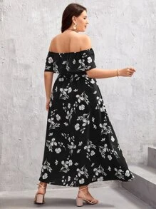 SHEIN VCAY 大碼印花一字肩高衩洋裝 - 黑與白 - 查看 2