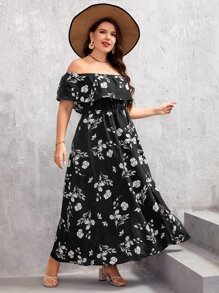 SHEIN VCAY 大碼印花一字肩高衩洋裝 - 黑與白 - 查看 5