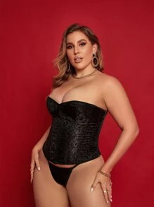 Plus Jacquard Lace Up Back Overbust Corset & Thong - Black - View 6