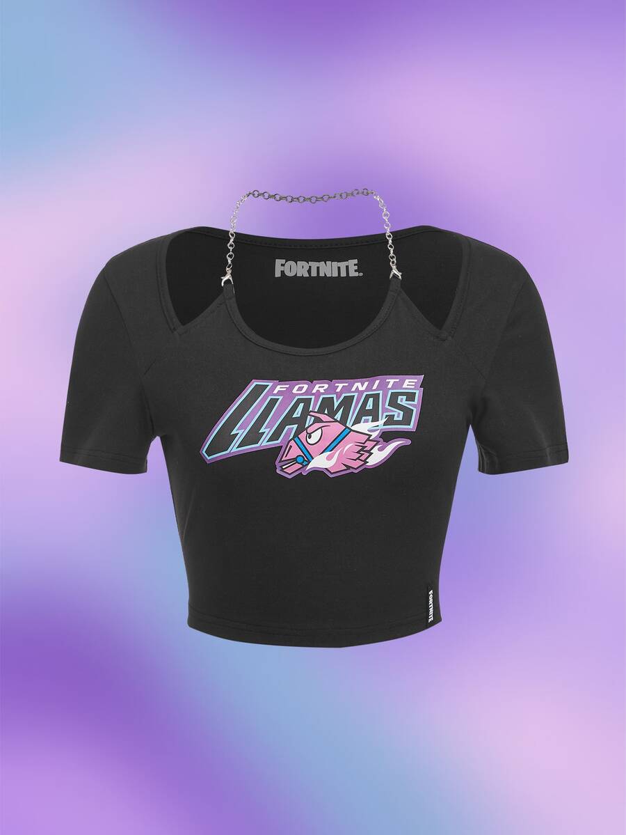 ROMWE X Fortnite Cyber Luvr Tshirt court lettre dessin animé à chaîne