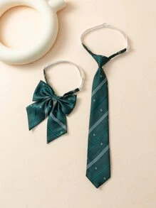 Striped Pattern Tie & Bow Tie - Dark Green - View 1