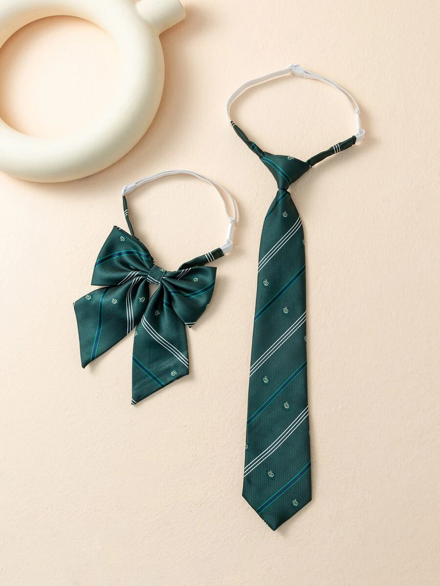 Striped Pattern Tie & Bow Tie - Dark Green - View 1