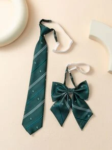 Striped Pattern Tie & Bow Tie - Dark Green - View 2