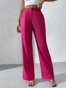 Chiquease High Waist Plicated Detail Wide Leg Trousers - Hot Pink - View 6