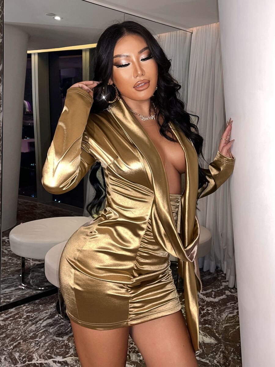 Plunge Neck Draped Front Ruched Satin Bodycon Dress - Gold - View 1