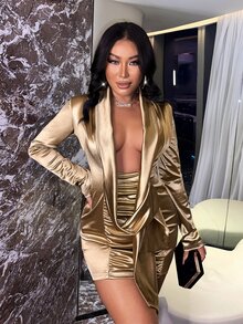 Plunge Neck Draped Front Ruched Satin Bodycon Dress - Gold - View 4