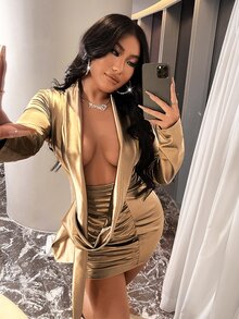 Plunge Neck Draped Front Ruched Satin Bodycon Dress - Gold - View 5