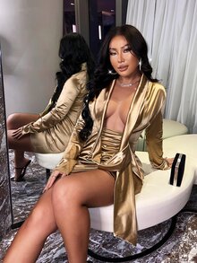 Plunge Neck Draped Front Ruched Satin Bodycon Dress - Gold - View 6