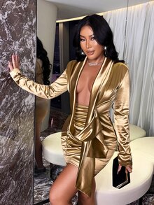 Plunge Neck Draped Front Ruched Satin Bodycon Dress - Gold - View 7