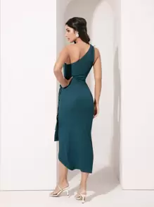 Modelyn One Shoulder Wrap Knot Side Dress Long Evening Dresses - Teal Blue - View 2