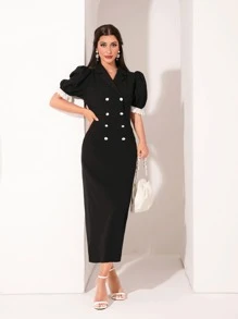 Modelyn 拼接網眼刺繡荷葉邊袖口雙排釦開襟洋裝 - 黑色 - 查看 2