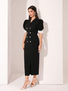 Modelyn 拼接網眼刺繡荷葉邊袖口雙排釦開襟洋裝 - 黑色 - 查看 3