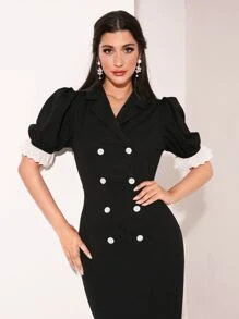 Modelyn 拼接網眼刺繡荷葉邊袖口雙排釦開襟洋裝 - 黑色 - 查看 4